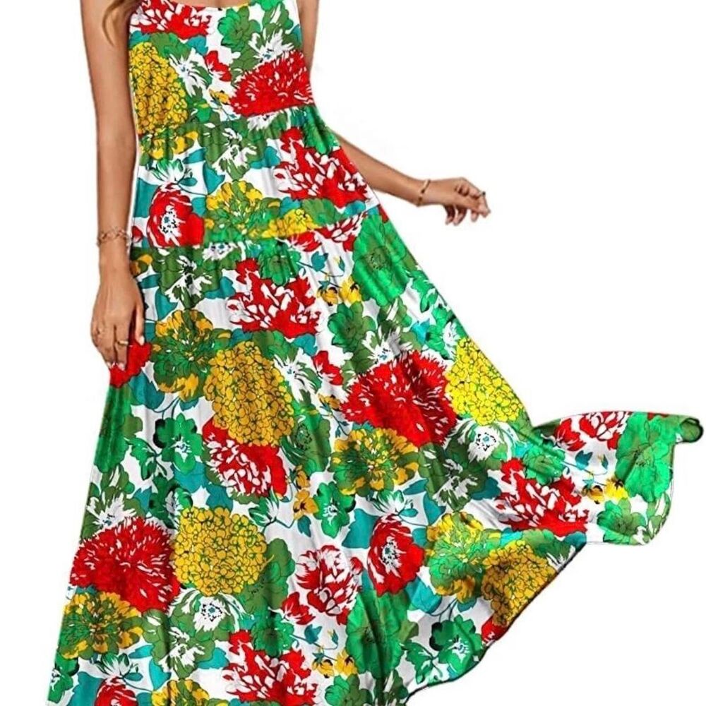 Summer Dresses Women Casual Loose Bohemian Floral Pockets Spaghetti Strap Maxi